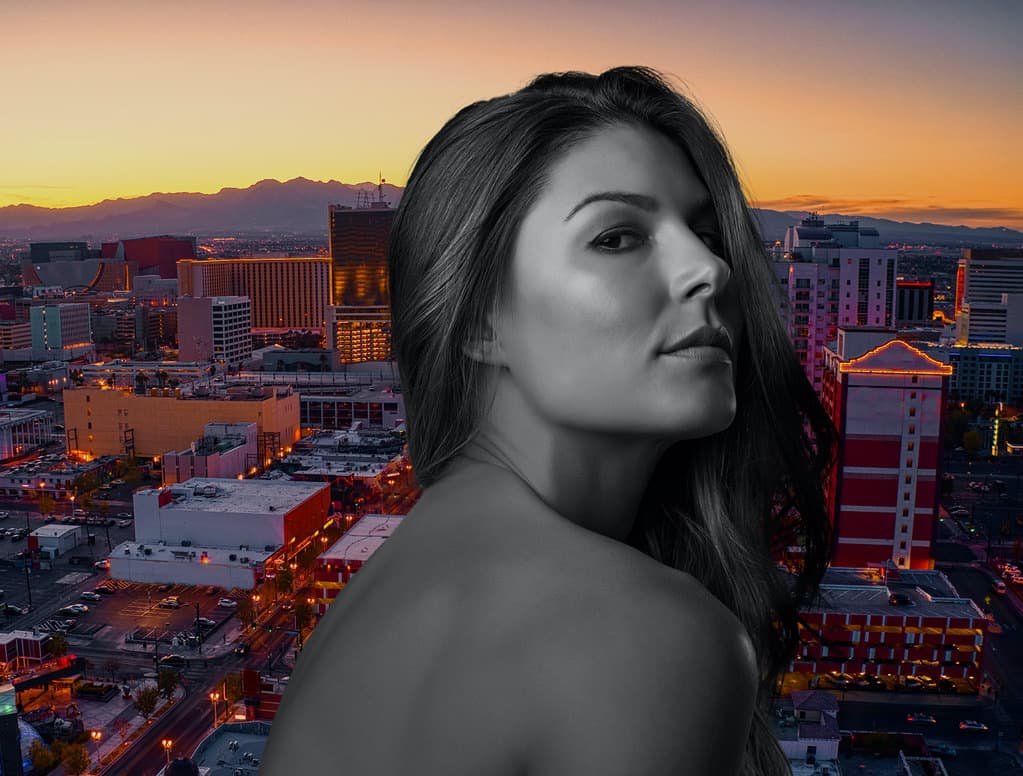 Female model posing in front of Las Vegas skyline