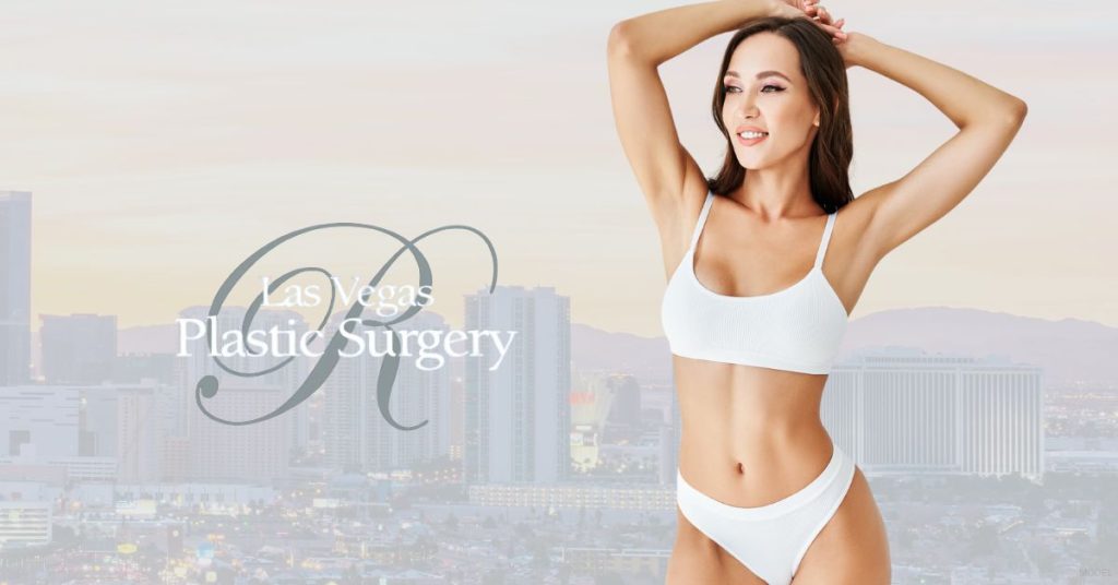 Woman in a white bikini top and high waisted bottoms. (MODEL) Las Vegas Plastic Surgery Logo Tips for Finding the Best Tummy Tuck Surgeon in Las Vegas Logo